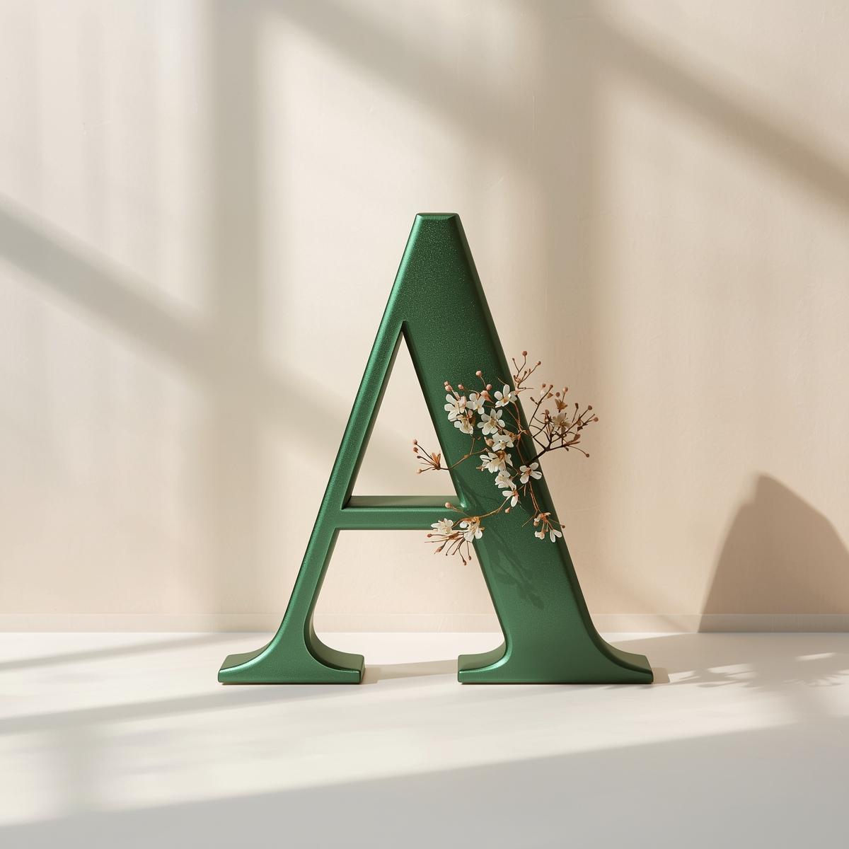 Luxury green metalic 3D letter A with floral details