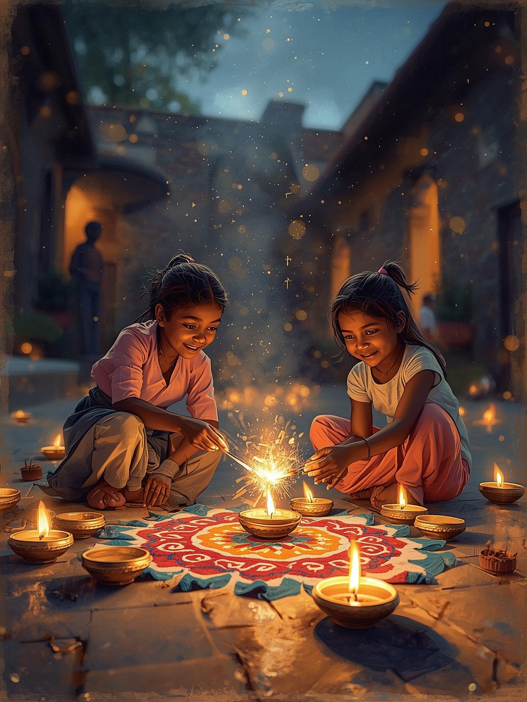 two kids enlightening lamp in diwali
