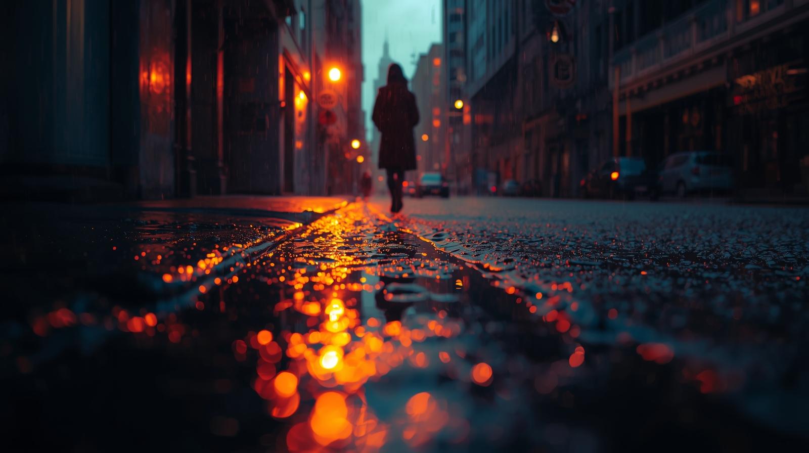 woman walking on city street at night