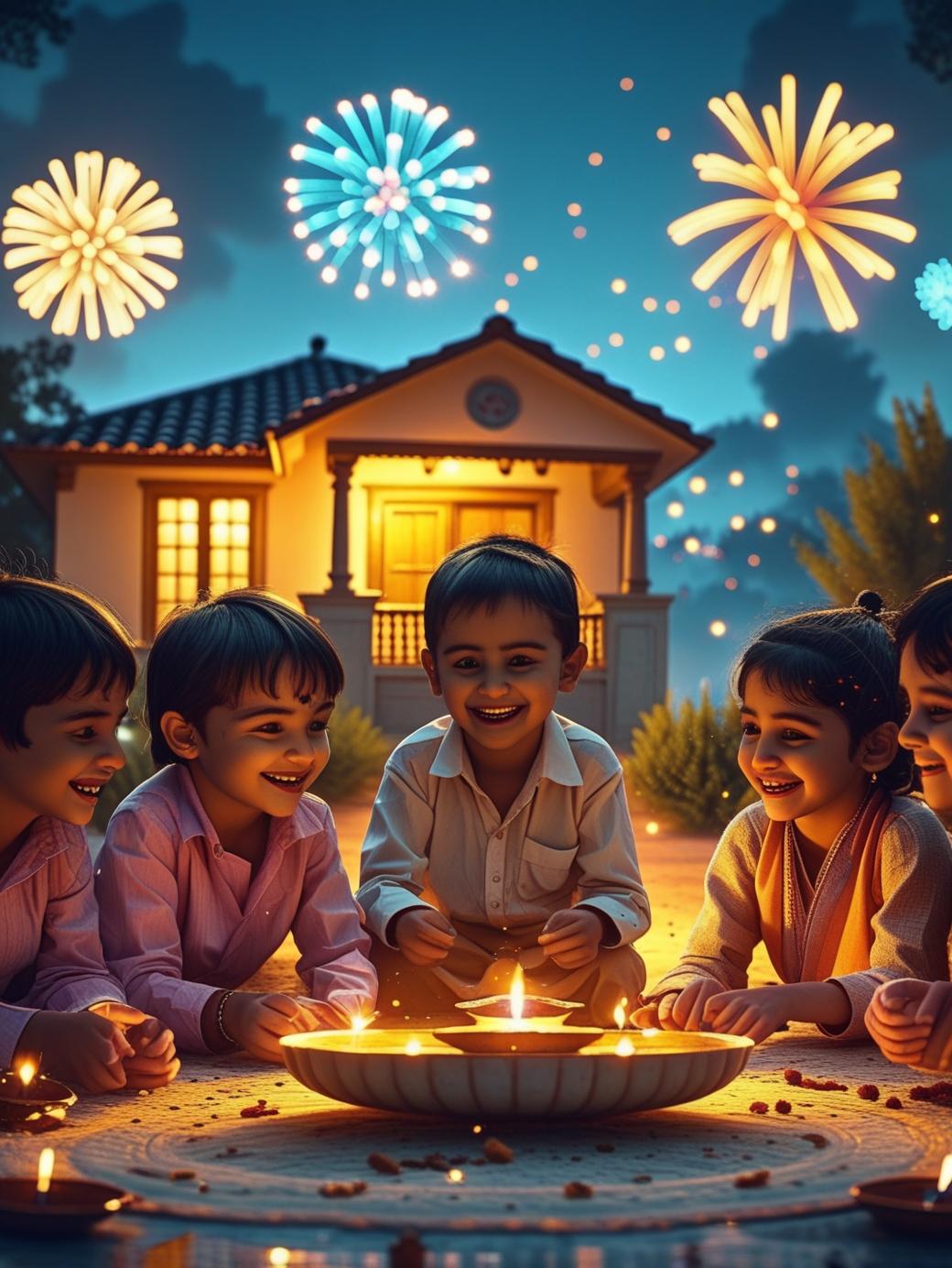 kids are standing arround diya near home