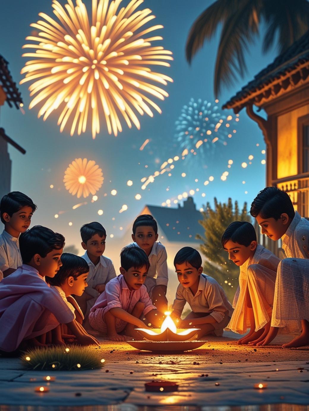 kids seating near diya in diwali